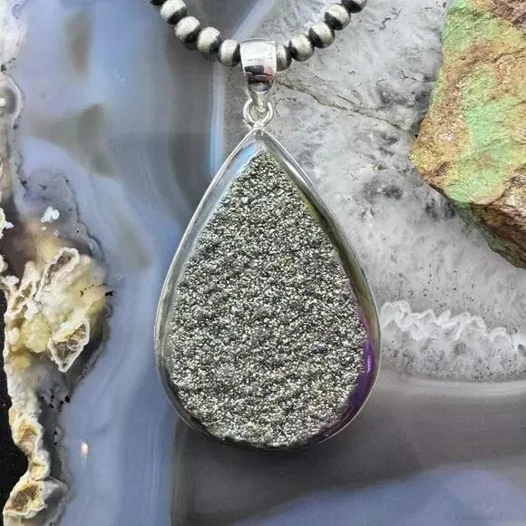 Sterling Silver Large Teardrop Druzy Quartz Double Sided Fashion Pendant - Picture 1 of 9